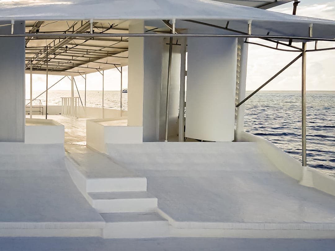 NOAH's white upper deck steps at golden hour