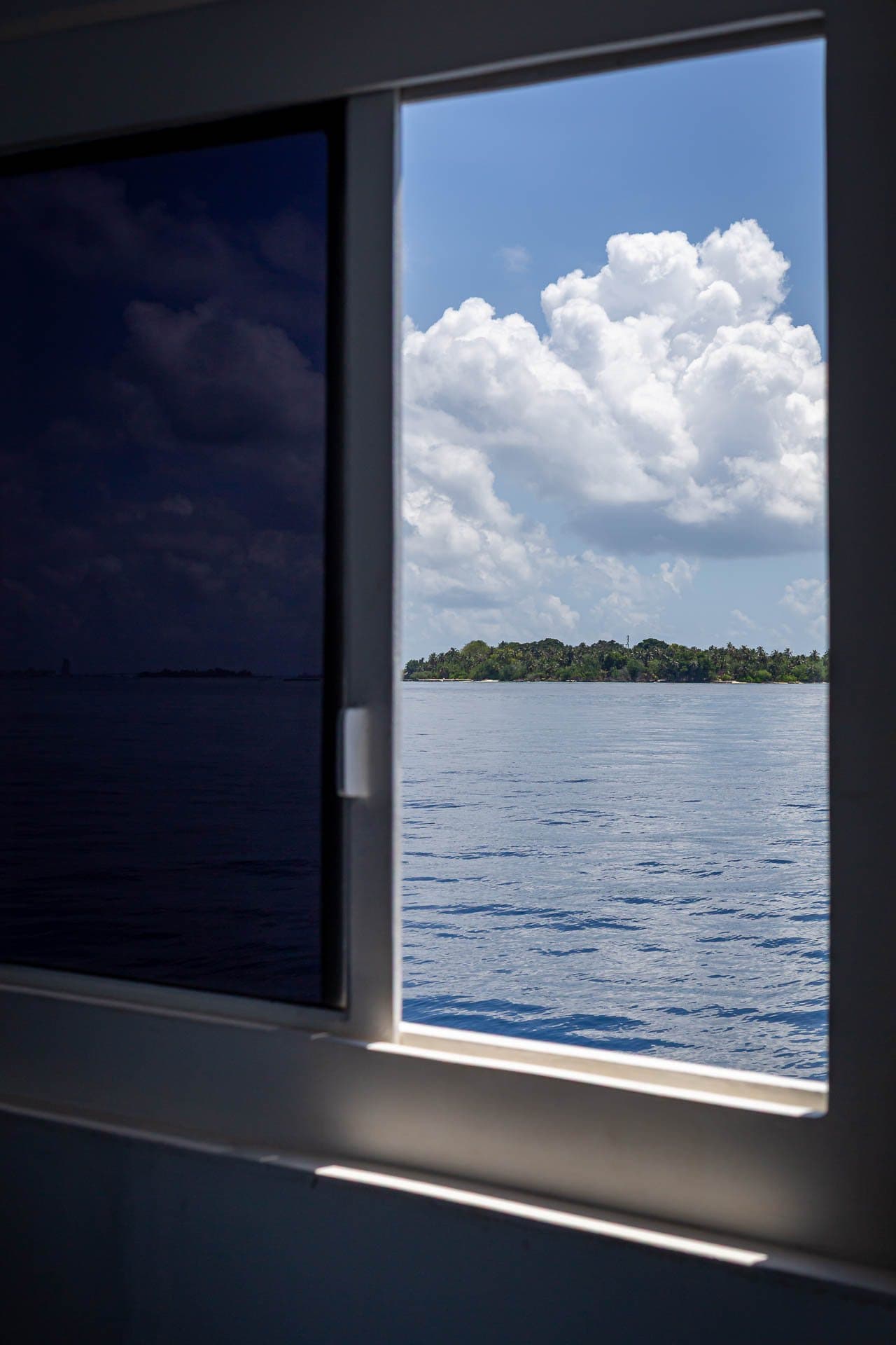 Island view through a cabin window on NOAH