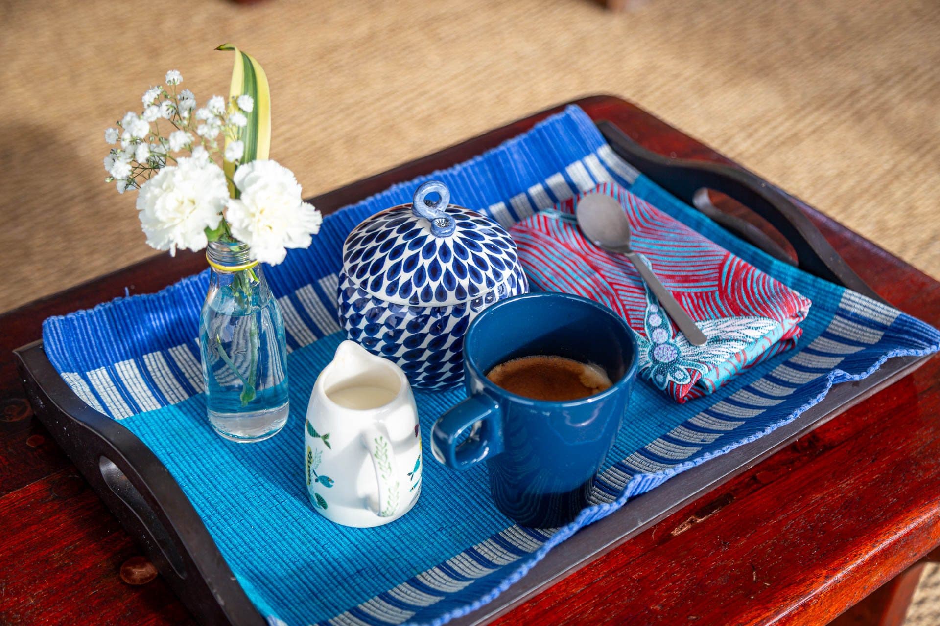 Morning coffee tray with flowers on board NOAH